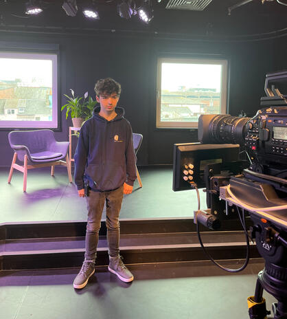 Stood in front of a camera at Exeter College's TV Studio Stood in front of a camera at Exeter College's TV Studio